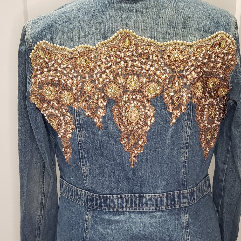 Upcycled Denim Jacket - Lace and Beading w/Cameo